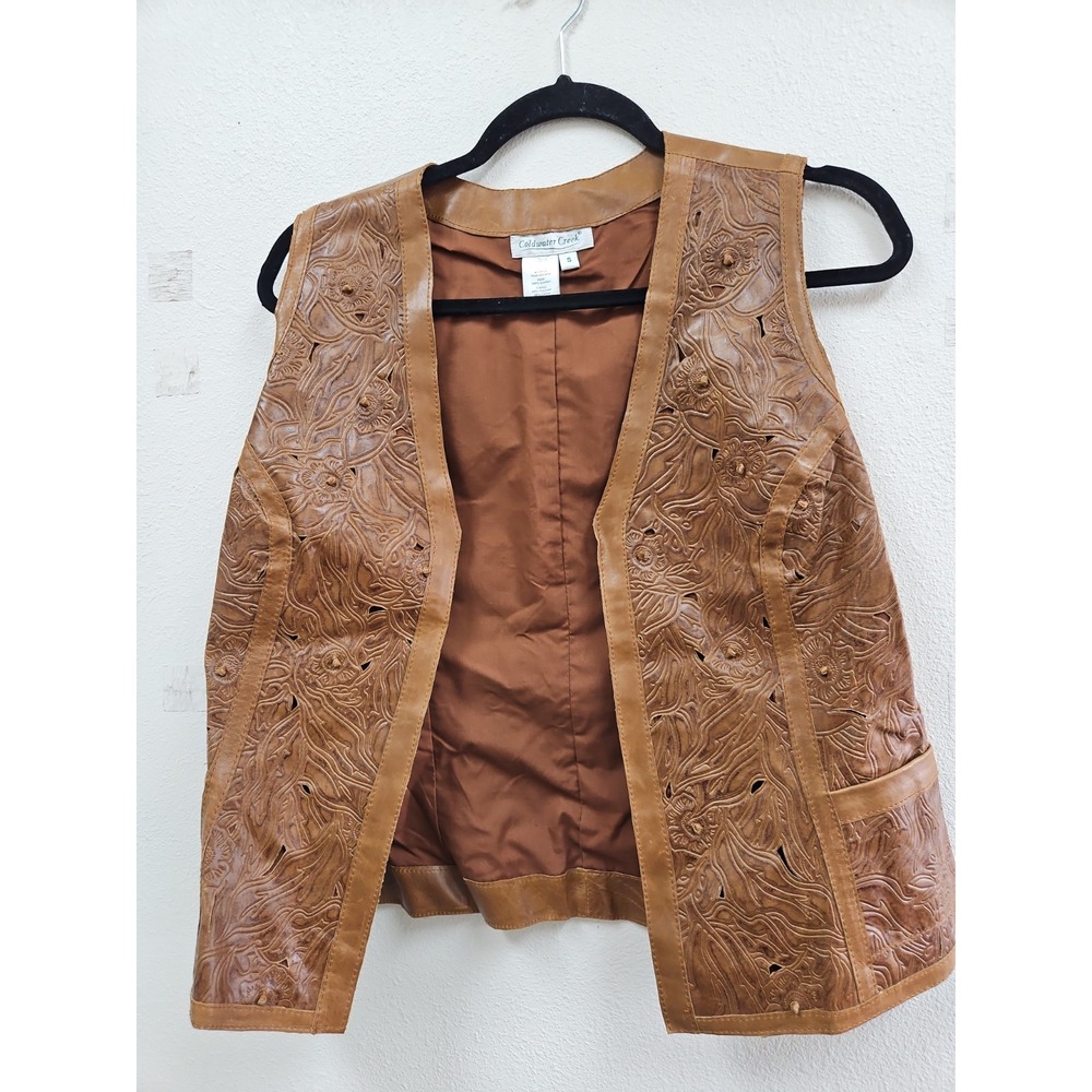 Coldwater Creek Women's Embossed Leather Vest Brown Small Two Front Pockets